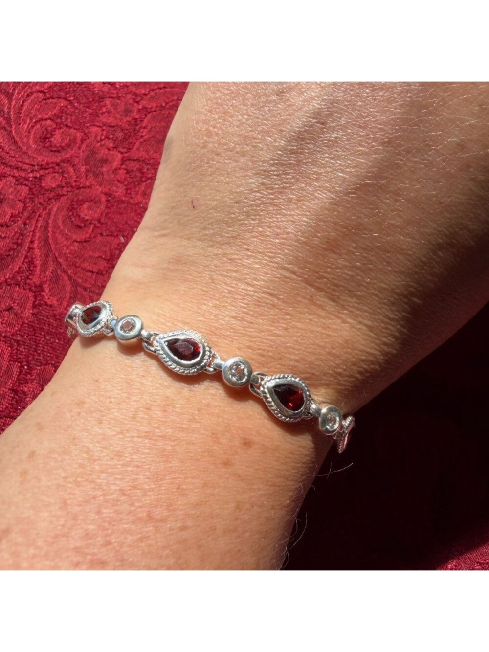 Vintage 925 Sterling Silver Red Garnet White Topaz Tennis Bracelet Estate 7.5"